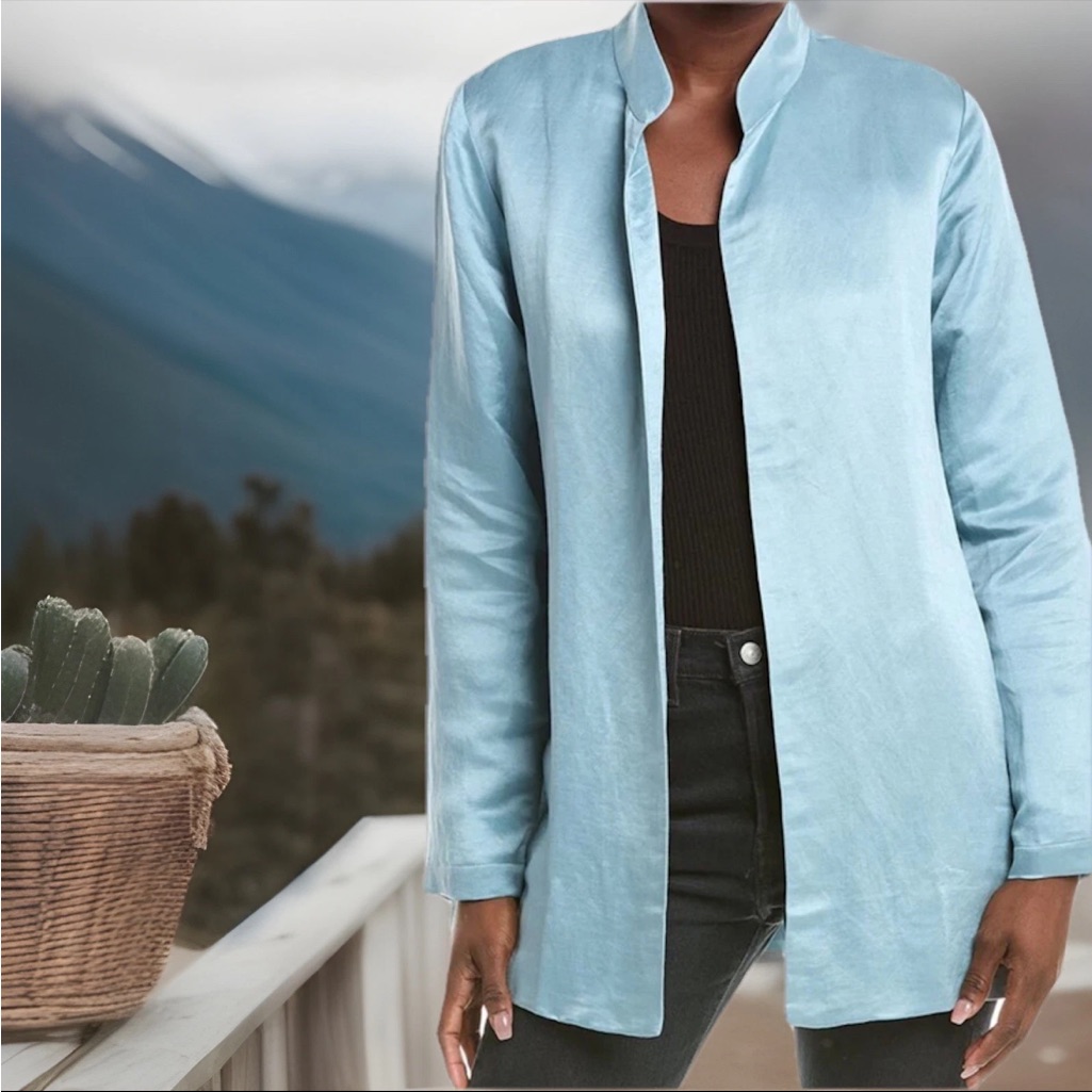 Eileen Fisher Blue Jacket Pool Stand Linen Silk Satin Zs M Nwt $387